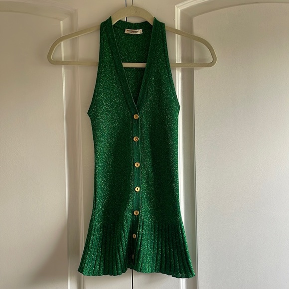 Saint Laurent Rive Gauche Vintage Green Metallic Knit tank Top (Size 42) - Picture 1 of 4